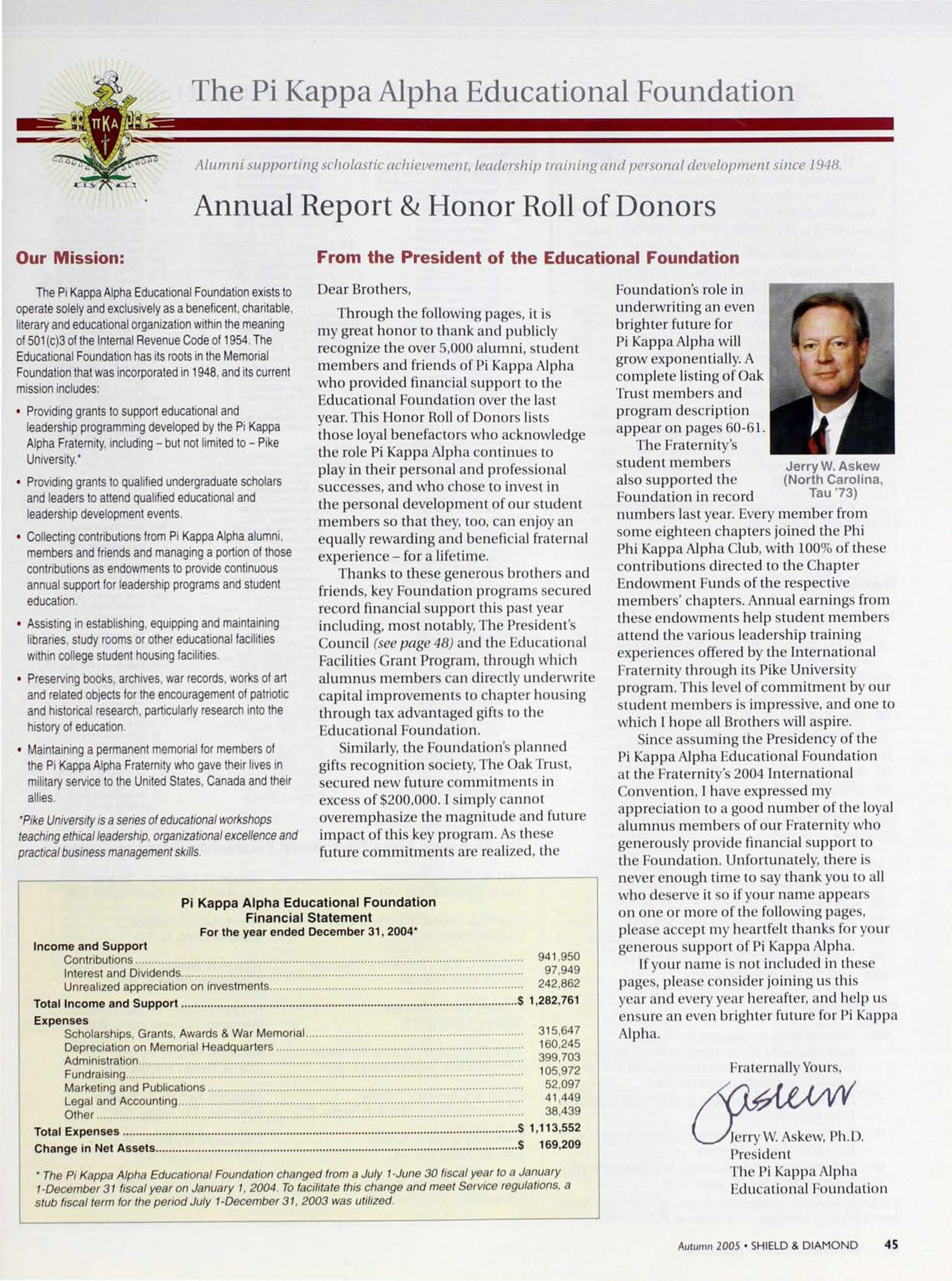 Pi Kappa Alpha Educational Foundation Financial Statement, Autumn 2005